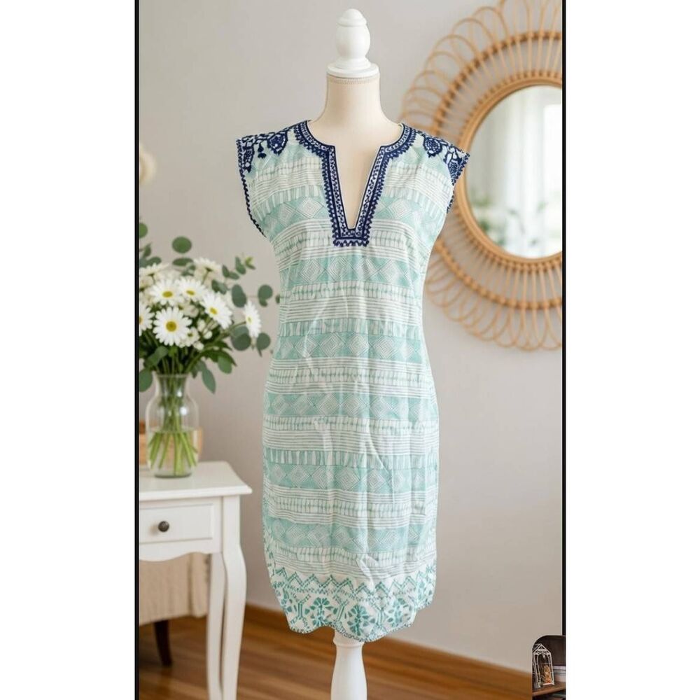 Bella Tu 100% cotton Women's Embroidery  Sleeveless midi Dress Blue teal made in